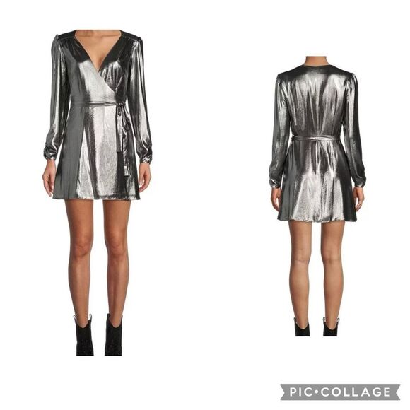 GIANNI BINI Noa Lame Metallic Silver V Neck Long Sleeve Wrap Dress - Picture 1 of 9
